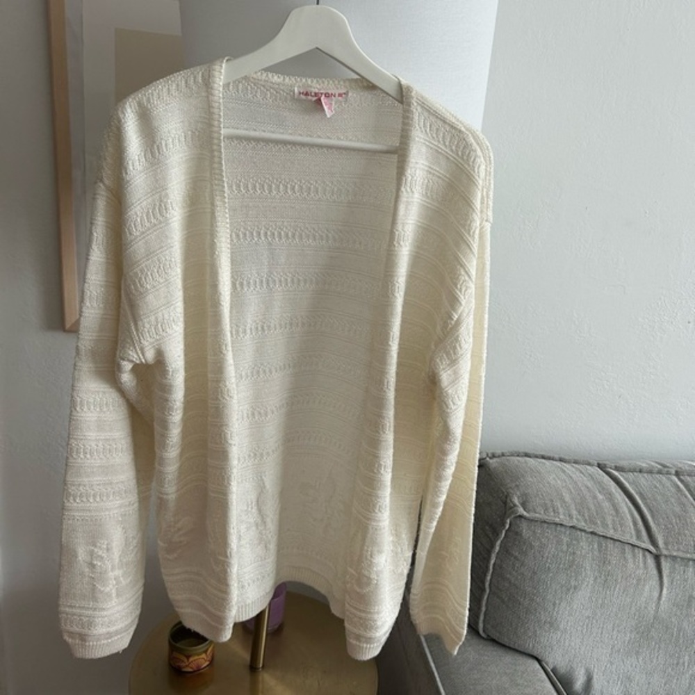 Halston Vintage Cream Metallic Open  Cardigan Y2K Preppy Size M